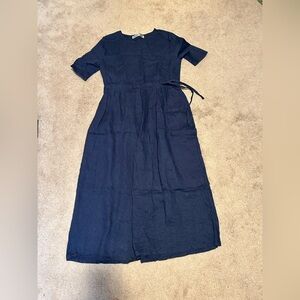 Navy Etsy Linen Faux Wrap Dress with Waist Tie S/M